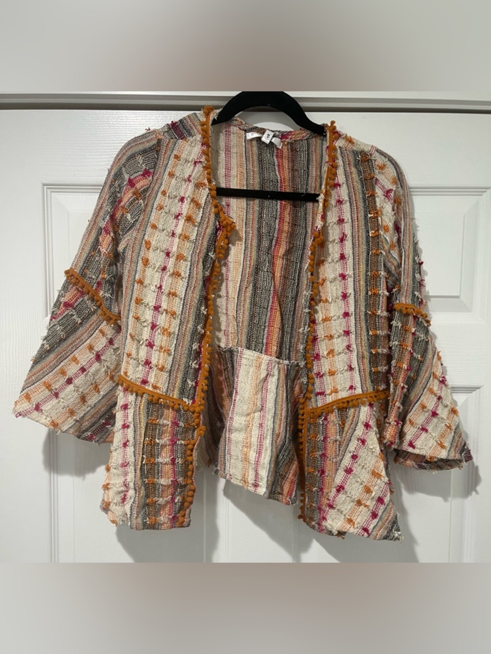 Open-Front Striped Textured Jacket with Mustard Trim